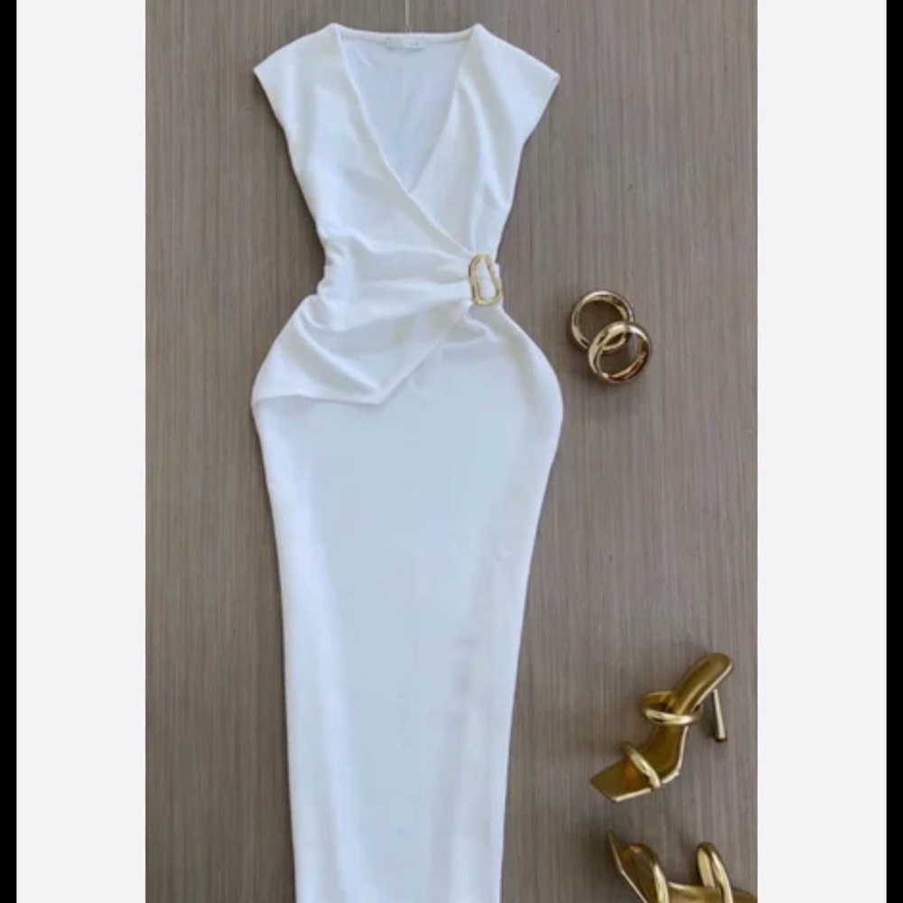 Zara White Wrap Maxi Dress with Gold Buckle Detail